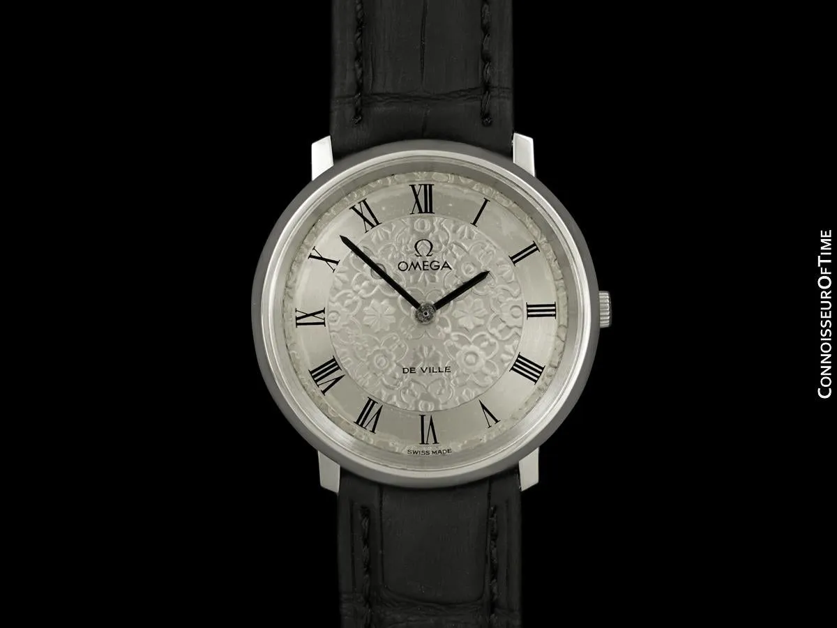 1973 Omega De Ville Vintage Mens Handwound Watch with Embossed Dial - Stainless Steel