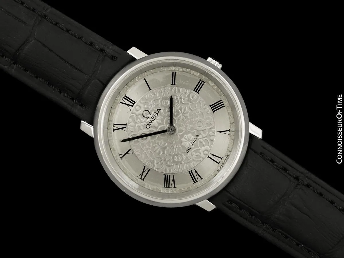 1973 Omega De Ville Vintage Mens Handwound Watch with Embossed Dial - Stainless Steel