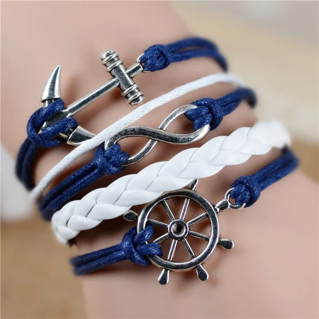 2017 New Womens Fashion Vintage Anchors Rudder Rectangle Leather Bracelet Multilayer Charm Bracelets Best Valentine's Day Gift