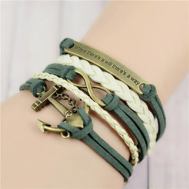 2017 New Womens Fashion Vintage Anchors Rudder Rectangle Leather Bracelet Multilayer Charm Bracelets Best Valentine's Day Gift