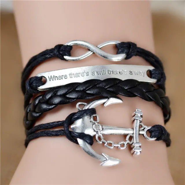 2017 New Womens Fashion Vintage Anchors Rudder Rectangle Leather Bracelet Multilayer Charm Bracelets Best Valentine's Day Gift