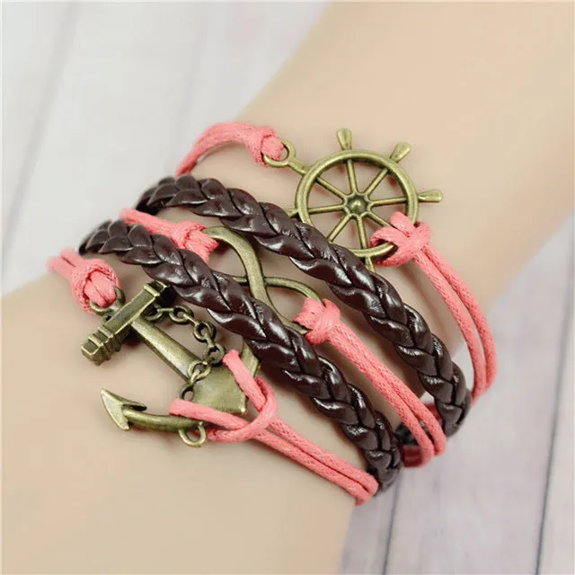 2017 New Womens Fashion Vintage Anchors Rudder Rectangle Leather Bracelet Multilayer Charm Bracelets Best Valentine's Day Gift