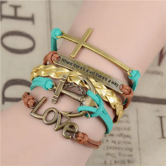 2017 New Womens Fashion Vintage Anchors Rudder Rectangle Leather Bracelet Multilayer Charm Bracelets Best Valentine's Day Gift