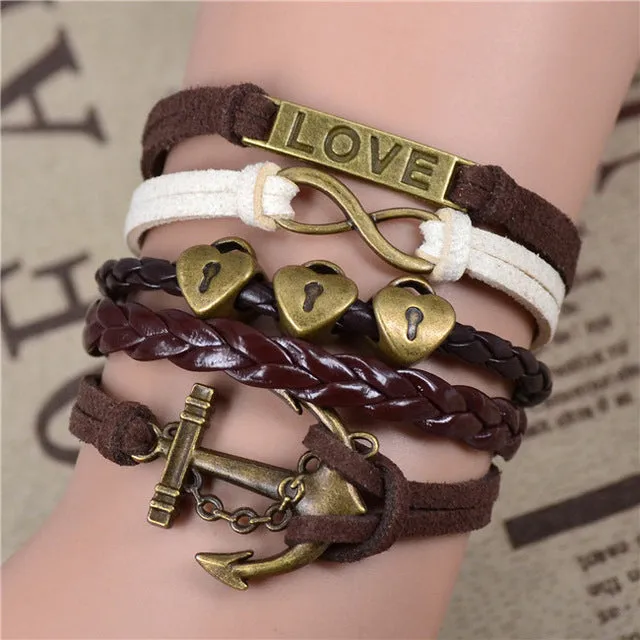 2017 New Womens Fashion Vintage Anchors Rudder Rectangle Leather Bracelet Multilayer Charm Bracelets Best Valentine's Day Gift
