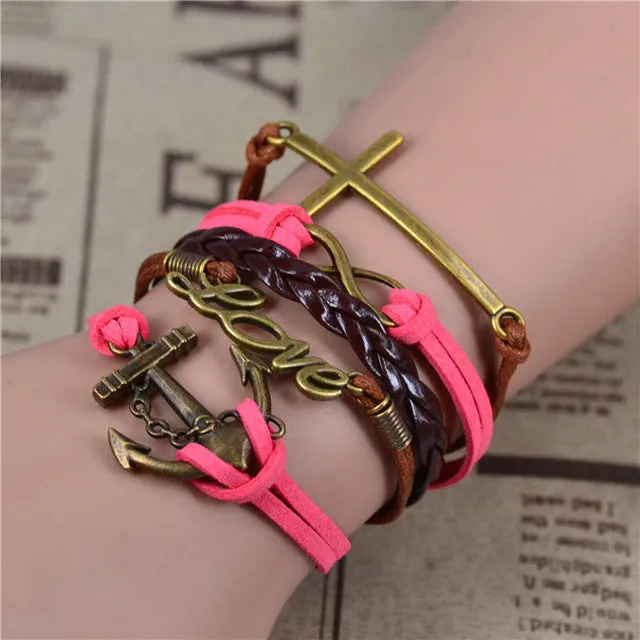 2017 New Womens Fashion Vintage Anchors Rudder Rectangle Leather Bracelet Multilayer Charm Bracelets Best Valentine's Day Gift
