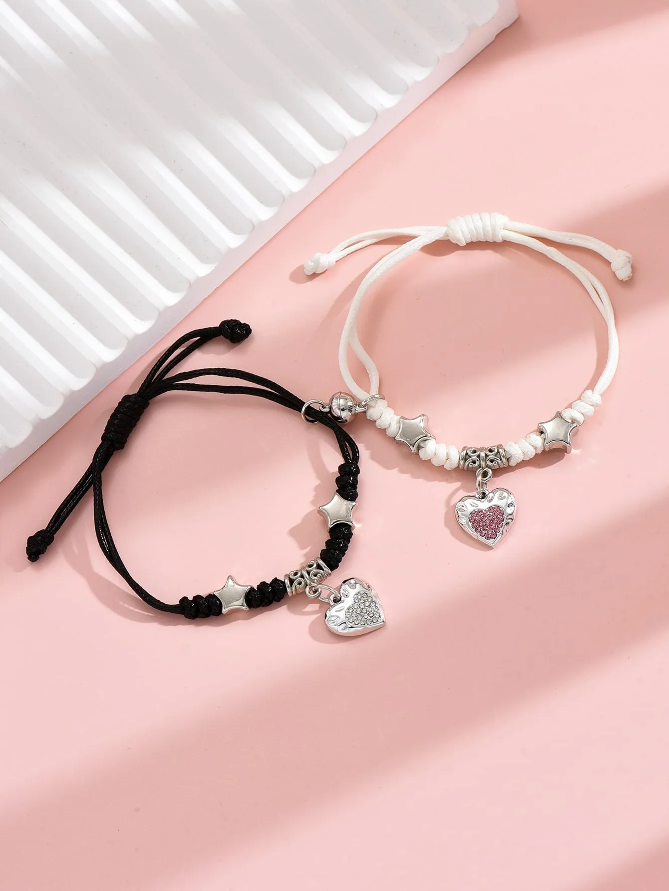 2pcs Couple Rhinestone & Star Decor Heart Charm Bracelet Women Bracelet