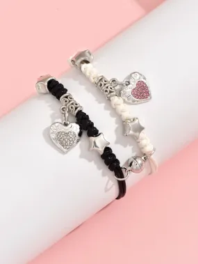 2pcs Couple Rhinestone & Star Decor Heart Charm Bracelet Women Bracelet