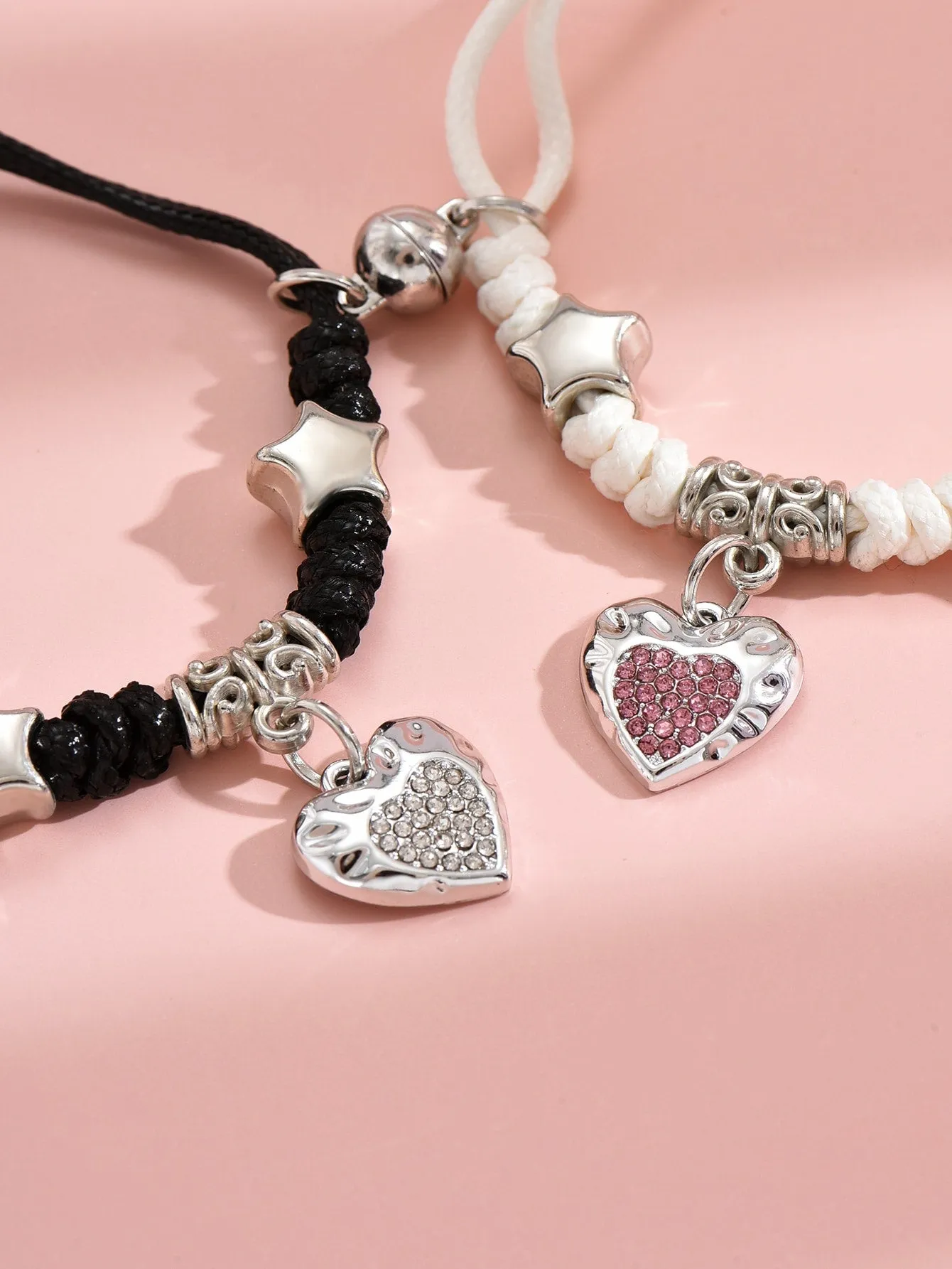 2pcs Couple Rhinestone & Star Decor Heart Charm Bracelet Women Bracelet