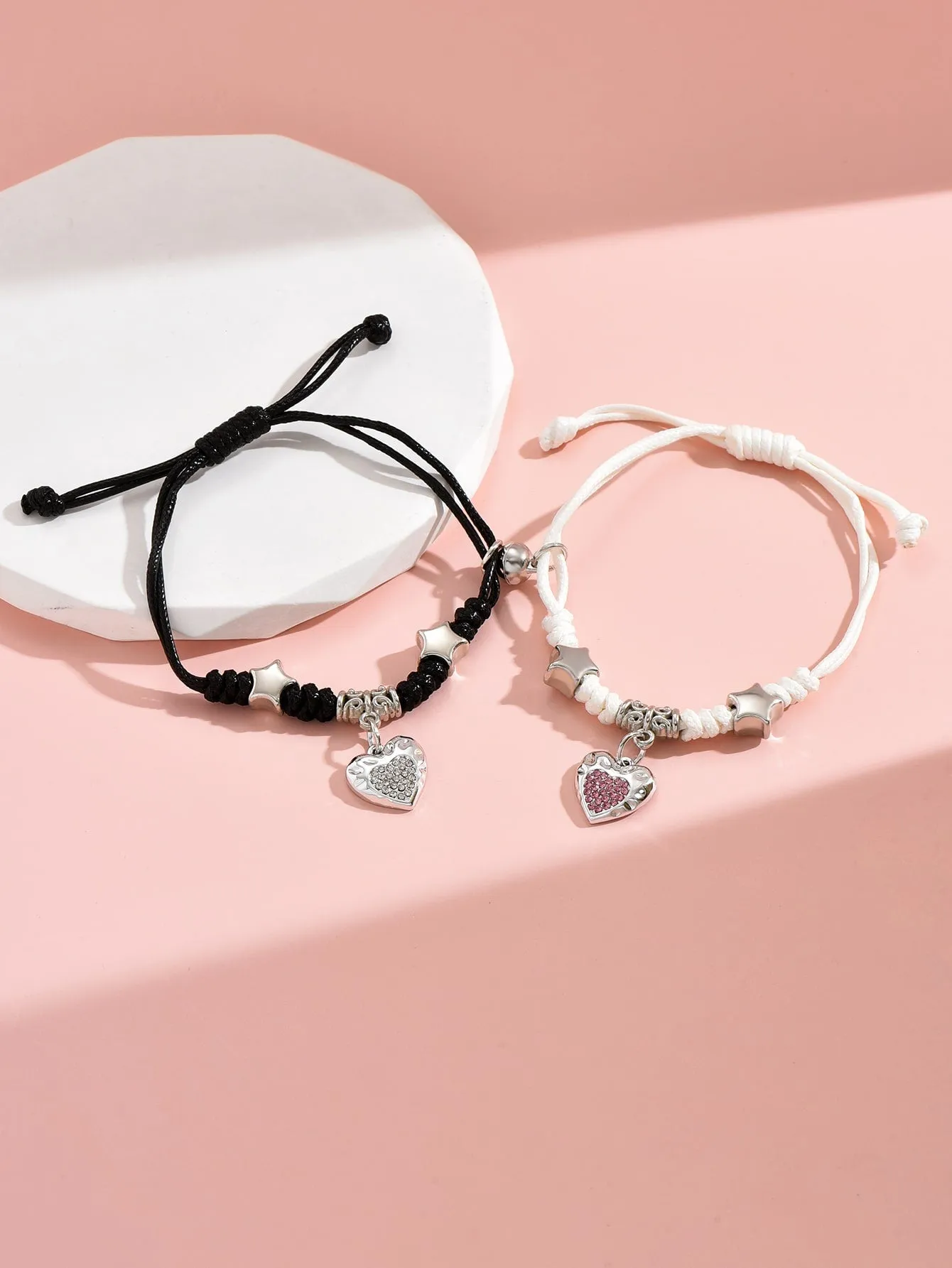 2pcs Couple Rhinestone & Star Decor Heart Charm Bracelet Women Bracelet