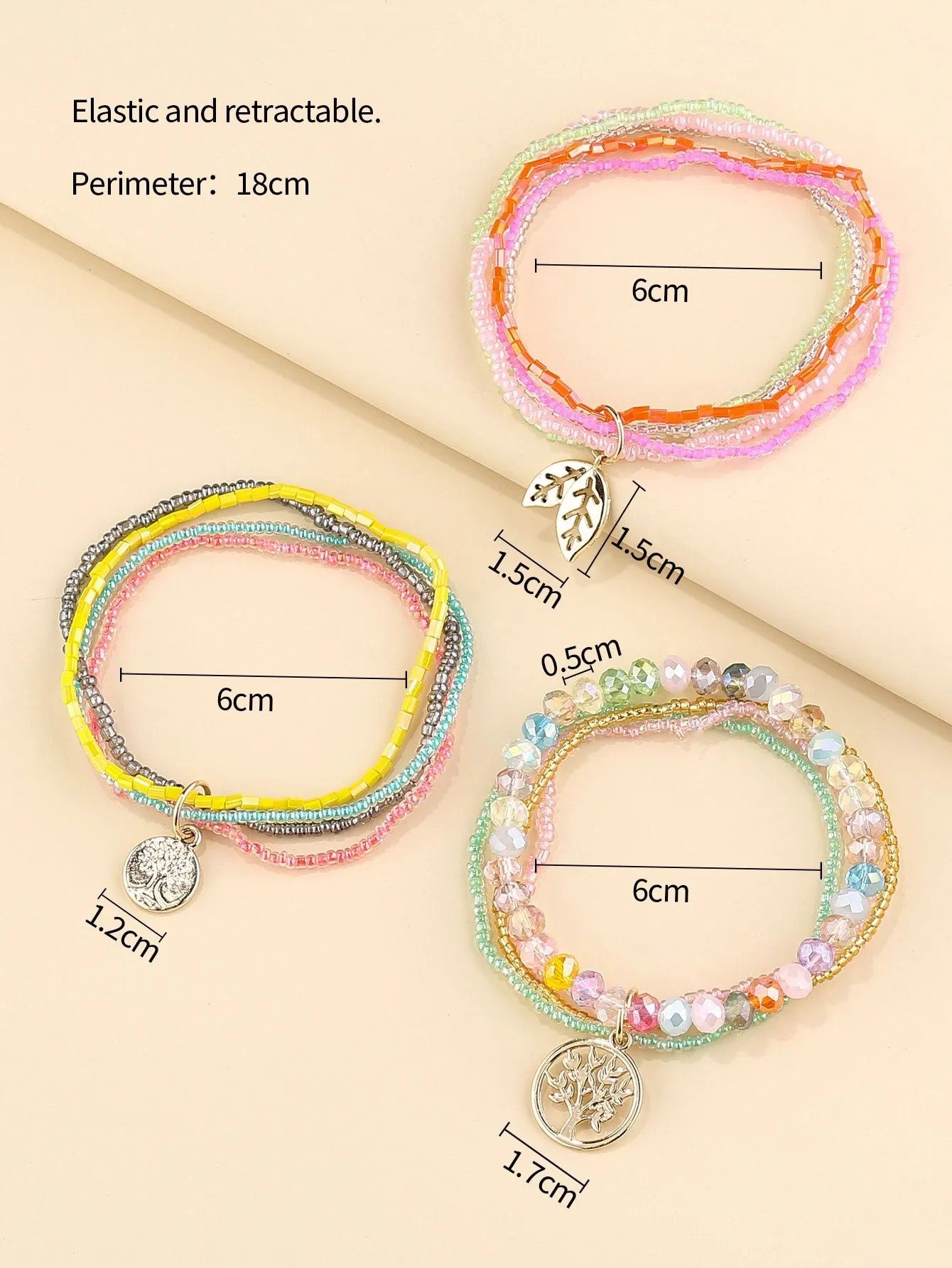 3pcs Tree Charm Beaded Layered Bracelet for Women Crafted Jewelry Stackable