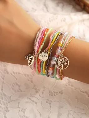 3pcs Tree Charm Beaded Layered Bracelet for Women Crafted Jewelry Stackable