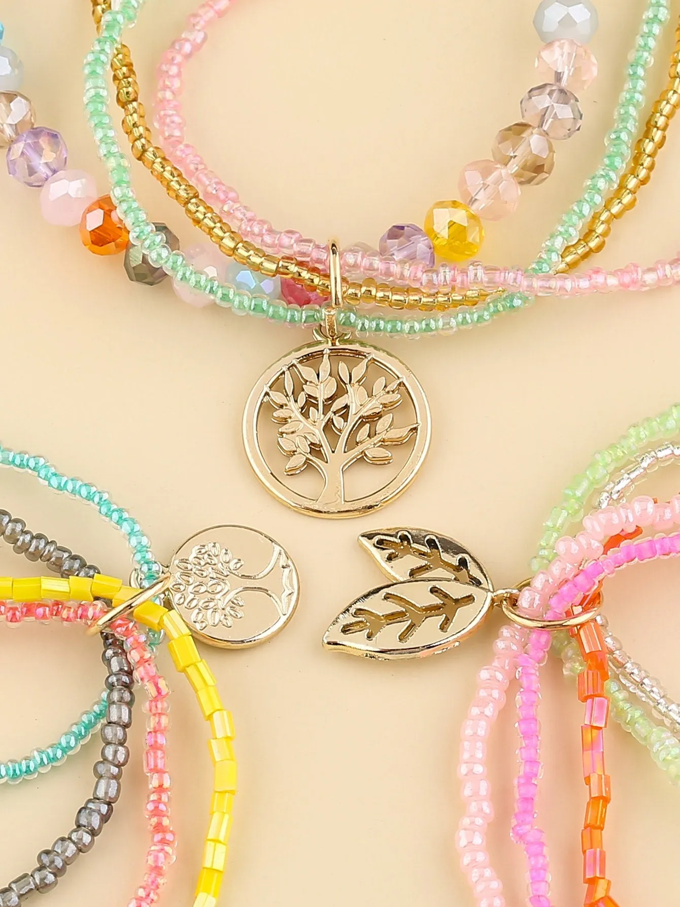 3pcs Tree Charm Beaded Layered Bracelet for Women Crafted Jewelry Stackable