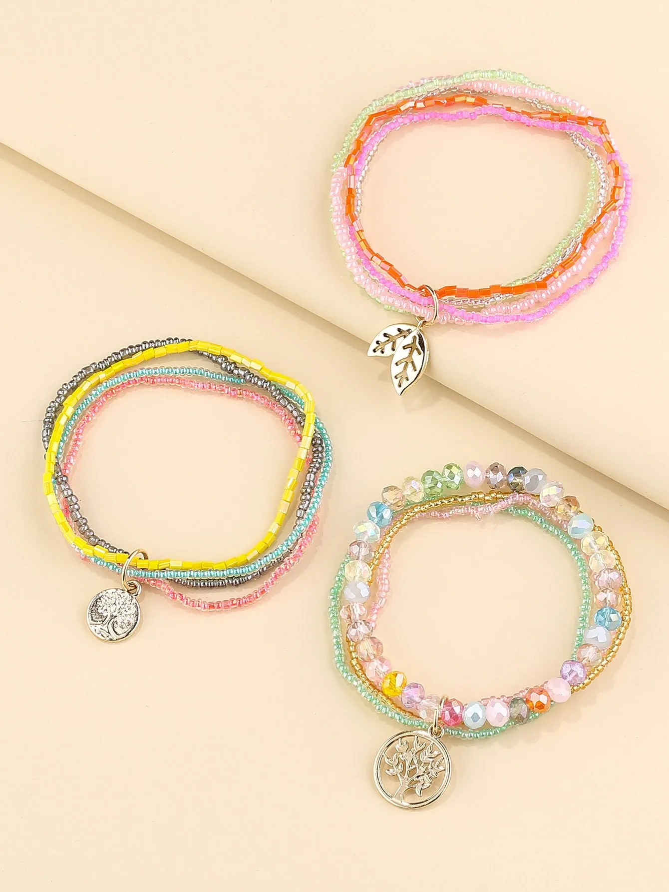 3pcs Tree Charm Beaded Layered Bracelet for Women Crafted Jewelry Stackable
