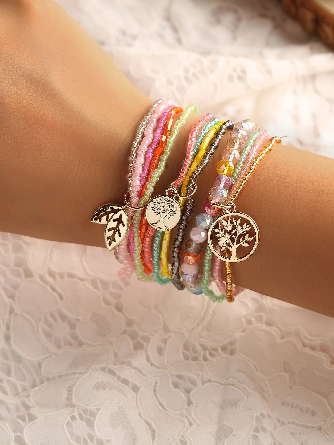 3pcs Tree Charm Beaded Layered Bracelet for Women Crafted Jewelry Stackable