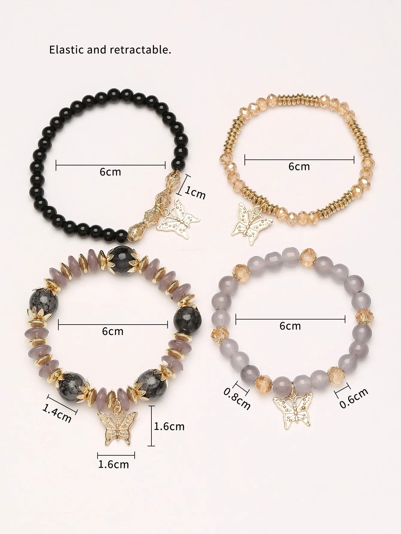 4pcs Butterfly Charm Grey Beaded Bracelet Women Bracelet Stackable Bracelet