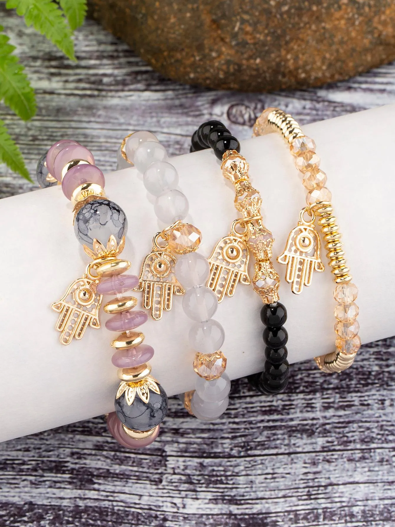 4pcs Butterfly Charm Grey Beaded Bracelet Women Bracelet Stackable Bracelet