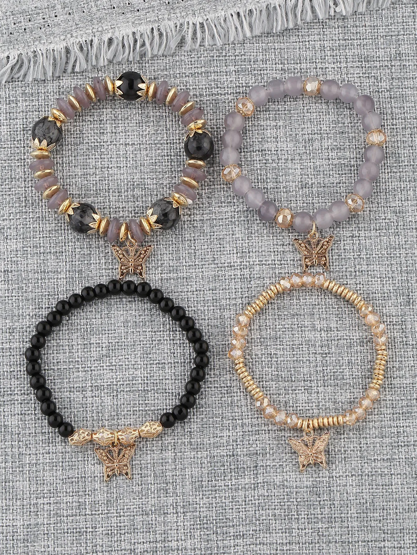 4pcs Butterfly Charm Grey Beaded Bracelet Women Bracelet Stackable Bracelet