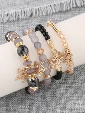 4pcs Butterfly Charm Grey Beaded Bracelet Women Bracelet Stackable Bracelet