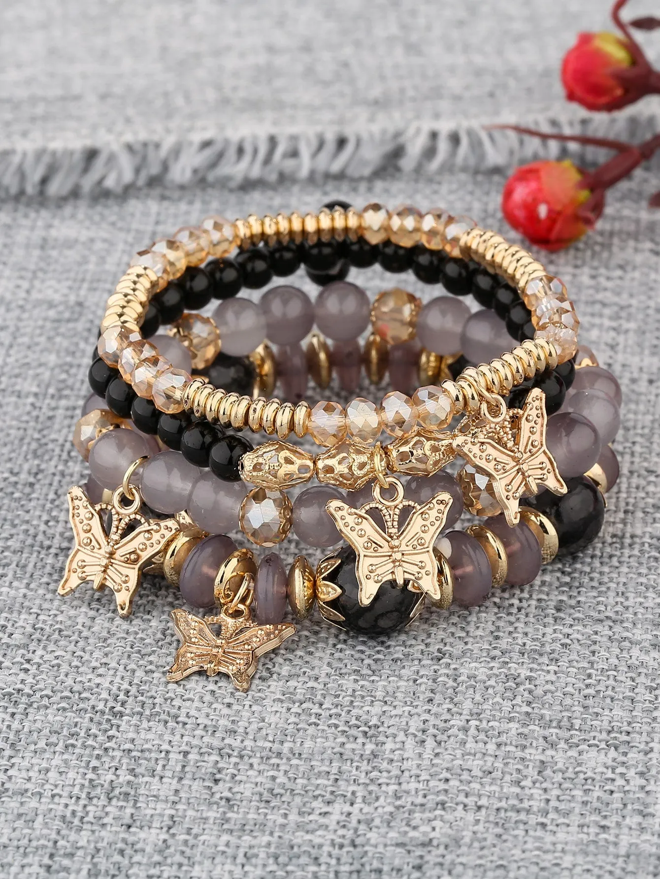 4pcs Butterfly Charm Grey Beaded Bracelet Women Bracelet Stackable Bracelet