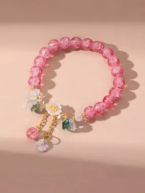Ball Charm Flower Decor Pink Beaded Bracelet for Women Men Stretchy Stackable