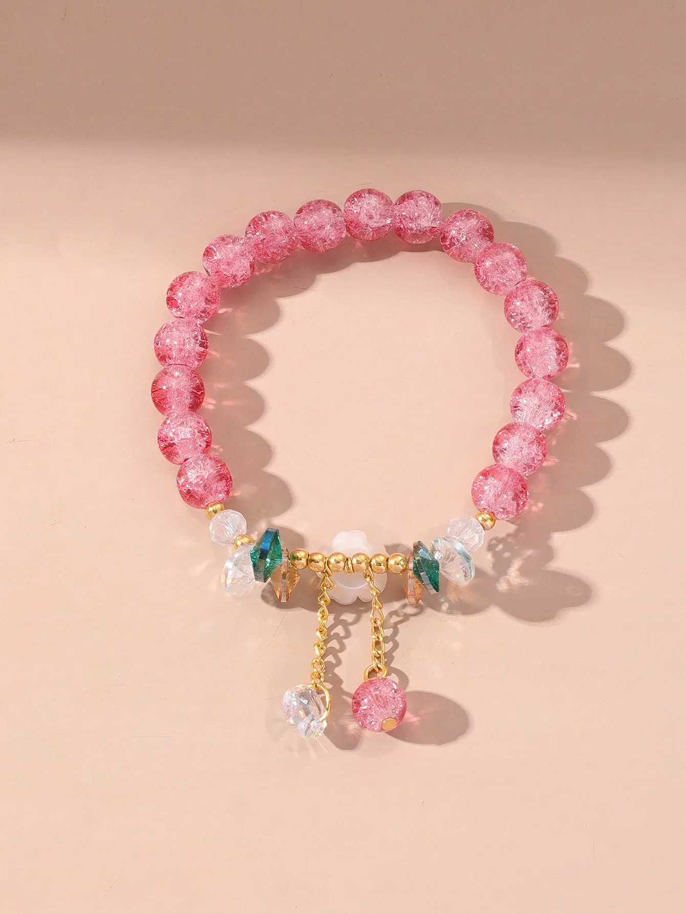 Ball Charm Flower Decor Pink Beaded Bracelet for Women Men Stretchy Stackable