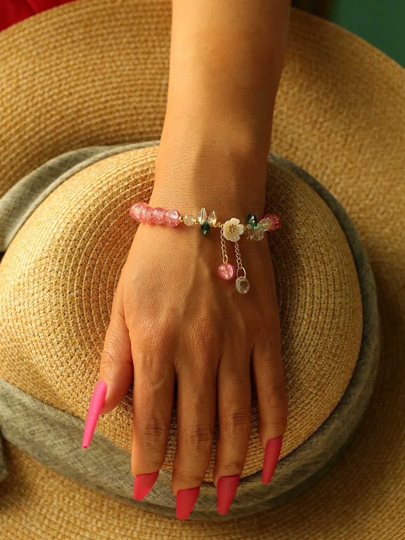 Ball Charm Flower Decor Pink Beaded Bracelet for Women Men Stretchy Stackable