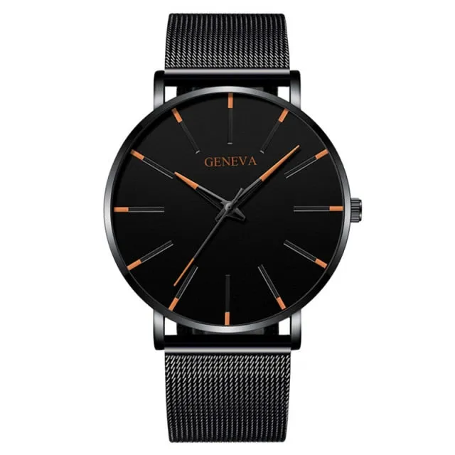 Blue Stainless Steel Mesh Belt Watches Man Business Casual Quartz Wrist Watch