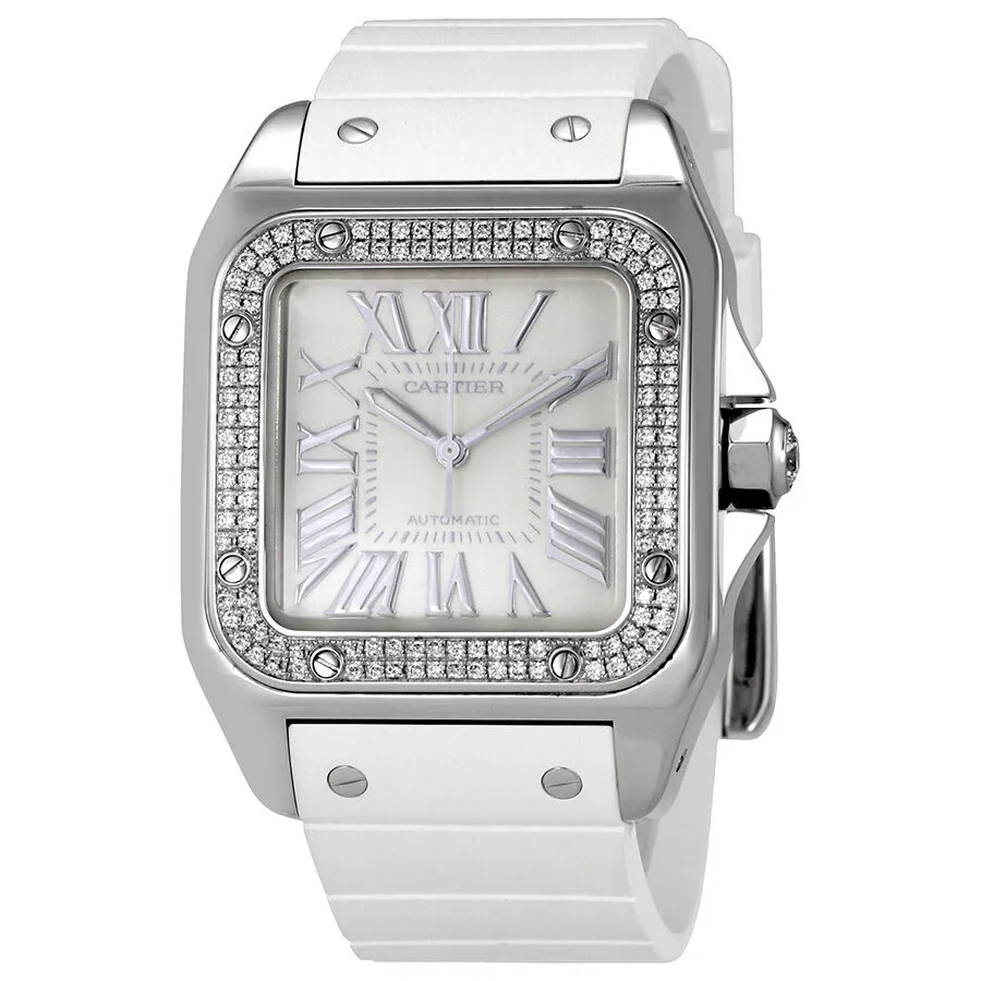 Cartier Santos  de Cartier 100 Opaline Dial White Rubber Ladies Watch WM50460M