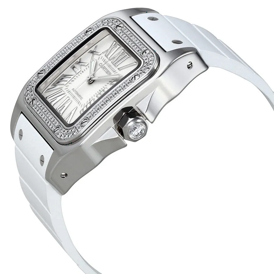 Cartier Santos  de Cartier 100 Opaline Dial White Rubber Ladies Watch WM50460M