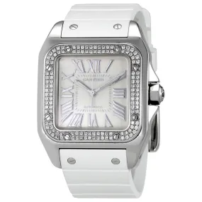Cartier Santos  de Cartier 100 Opaline Dial White Rubber Ladies Watch WM50460M