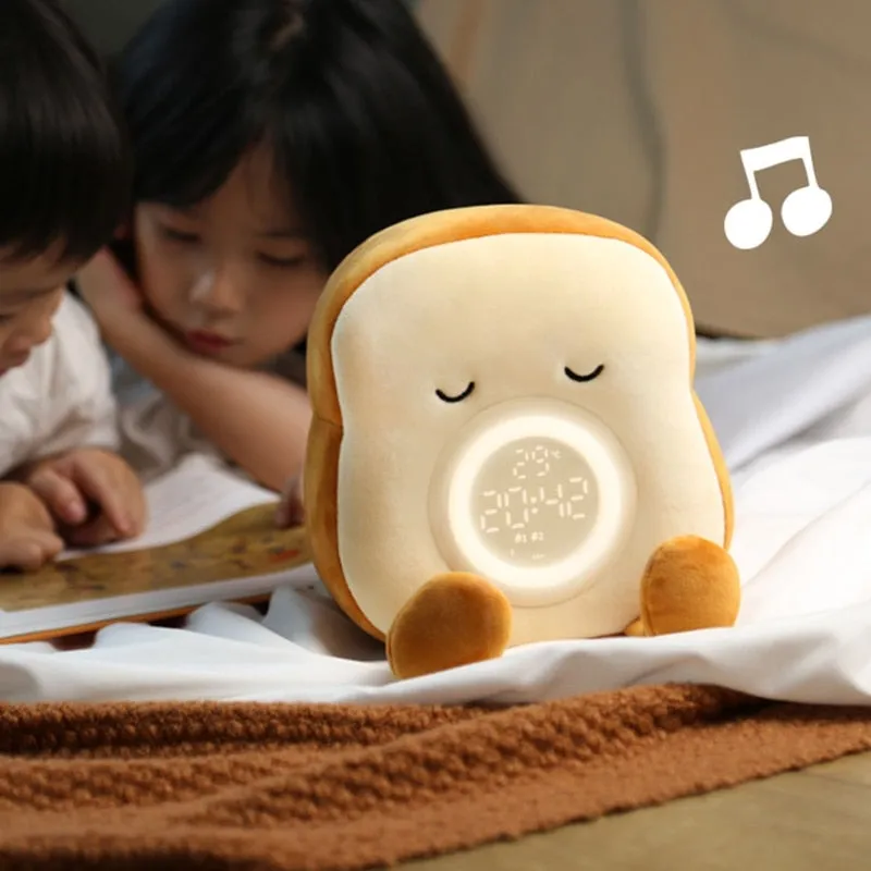 Cartoon Plush Toast Alarm Clock for Creative LED Digital Clock Kids Desktop Electronic Clock With Vibration Function