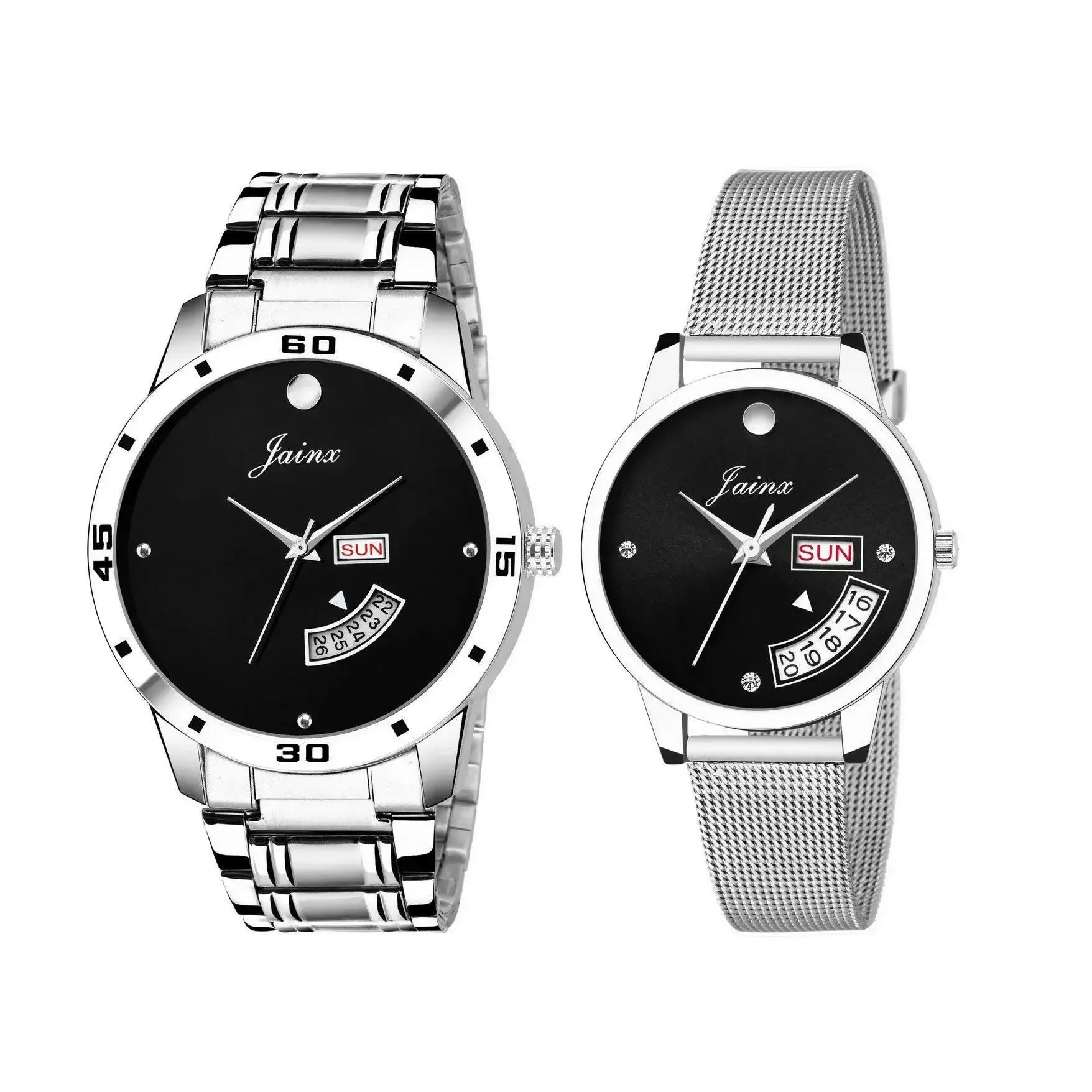 Couple's Black Dial Day And Date Analog Watch - Jainx JC451