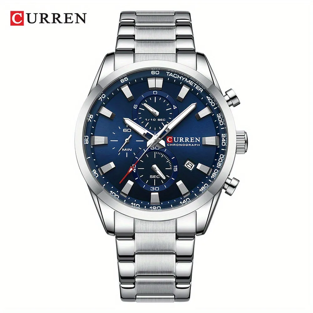 CURREN Business Men's Watch Steel Band Multifunctional Chronograph Wristwatch Waterproof Round Watch, Ideal choice for Gifts