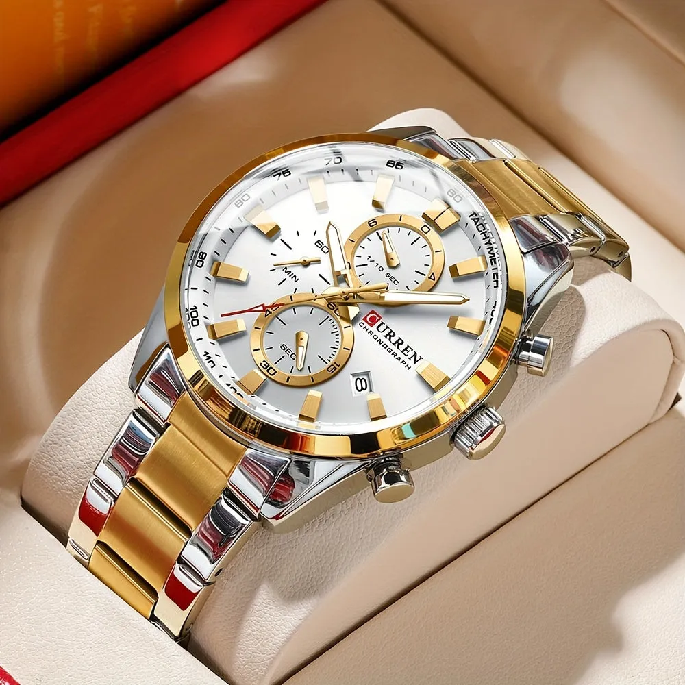 CURREN Business Men's Watch Steel Band Multifunctional Chronograph Wristwatch Waterproof Round Watch, Ideal choice for Gifts