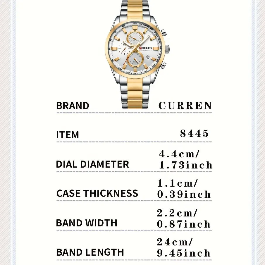 CURREN Business Men's Watch Steel Band Multifunctional Chronograph Wristwatch Waterproof Round Watch, Ideal choice for Gifts