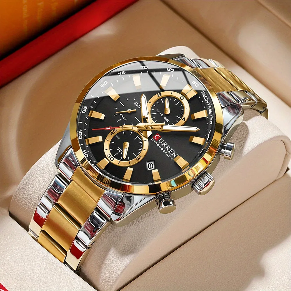 CURREN Business Men's Watch Steel Band Multifunctional Chronograph Wristwatch Waterproof Round Watch, Ideal choice for Gifts