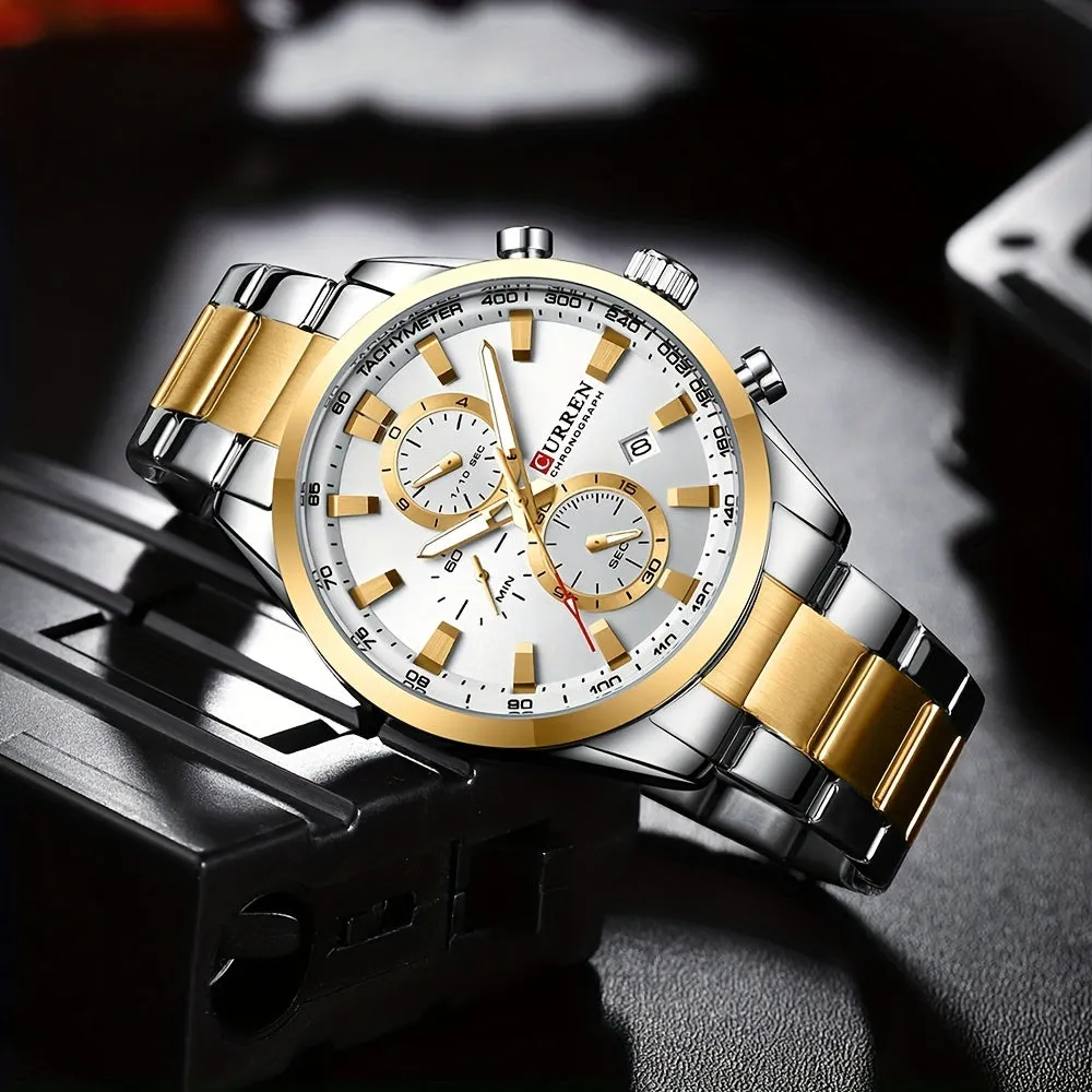 CURREN Business Men's Watch Steel Band Multifunctional Chronograph Wristwatch Waterproof Round Watch, Ideal choice for Gifts