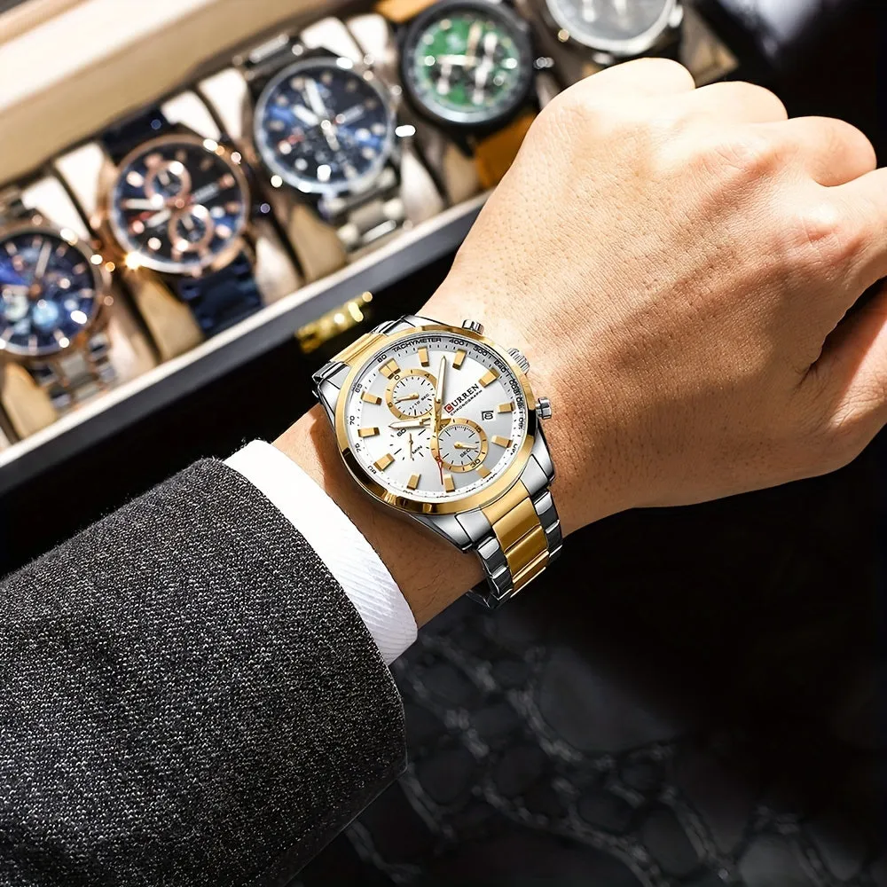 CURREN Business Men's Watch Steel Band Multifunctional Chronograph Wristwatch Waterproof Round Watch, Ideal choice for Gifts