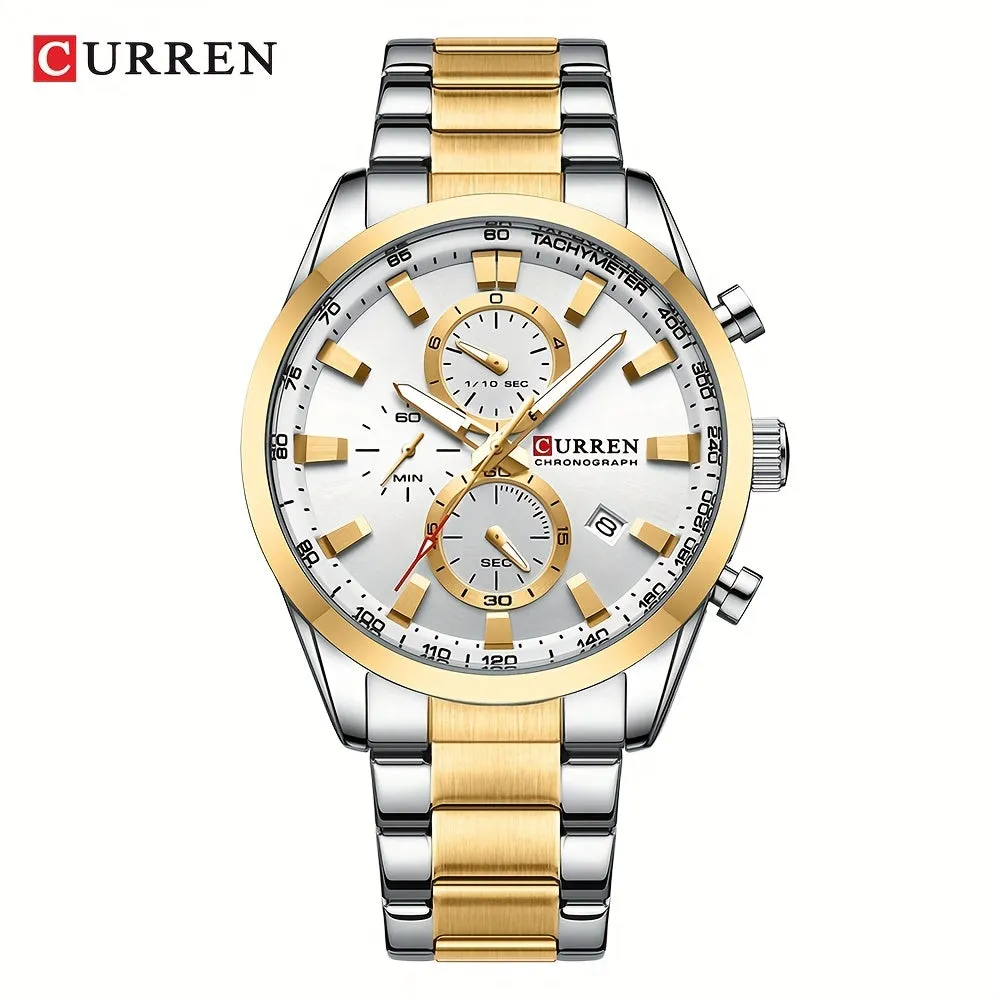 CURREN Business Men's Watch Steel Band Multifunctional Chronograph Wristwatch Waterproof Round Watch, Ideal choice for Gifts