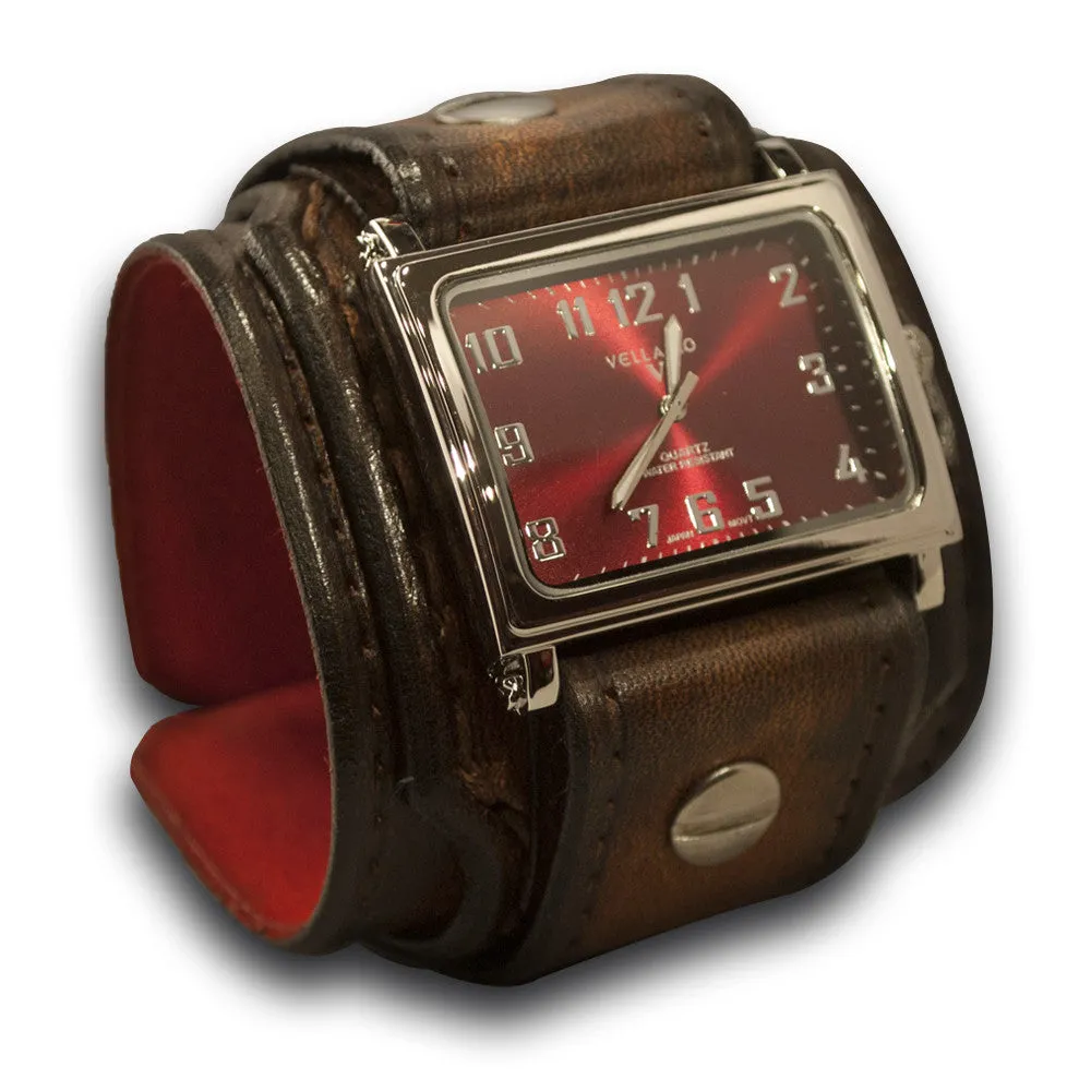 Dark Brown Stressed Layered Leather Cuff Watch with Stitching