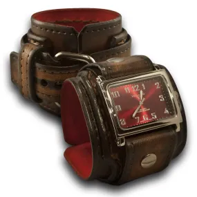 Dark Brown Stressed Layered Leather Cuff Watch with Stitching