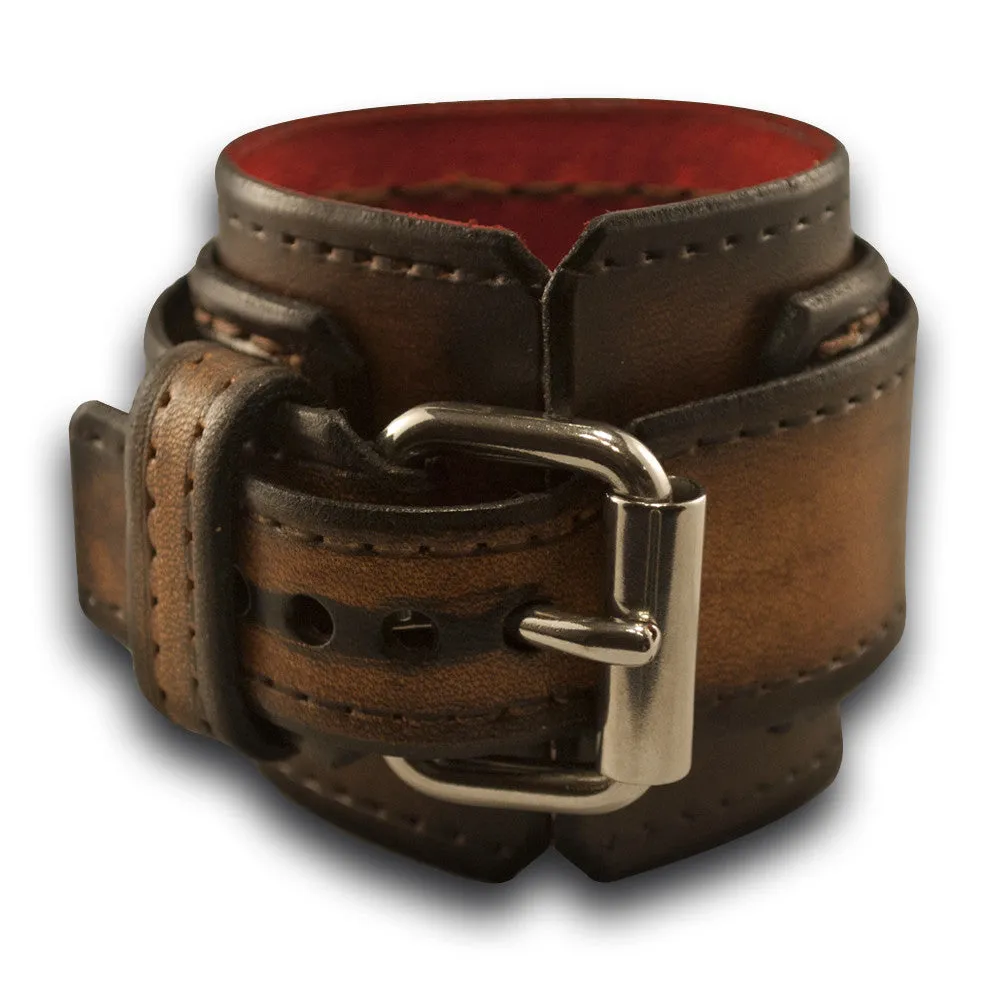 Dark Brown Stressed Layered Leather Cuff Watch with Stitching
