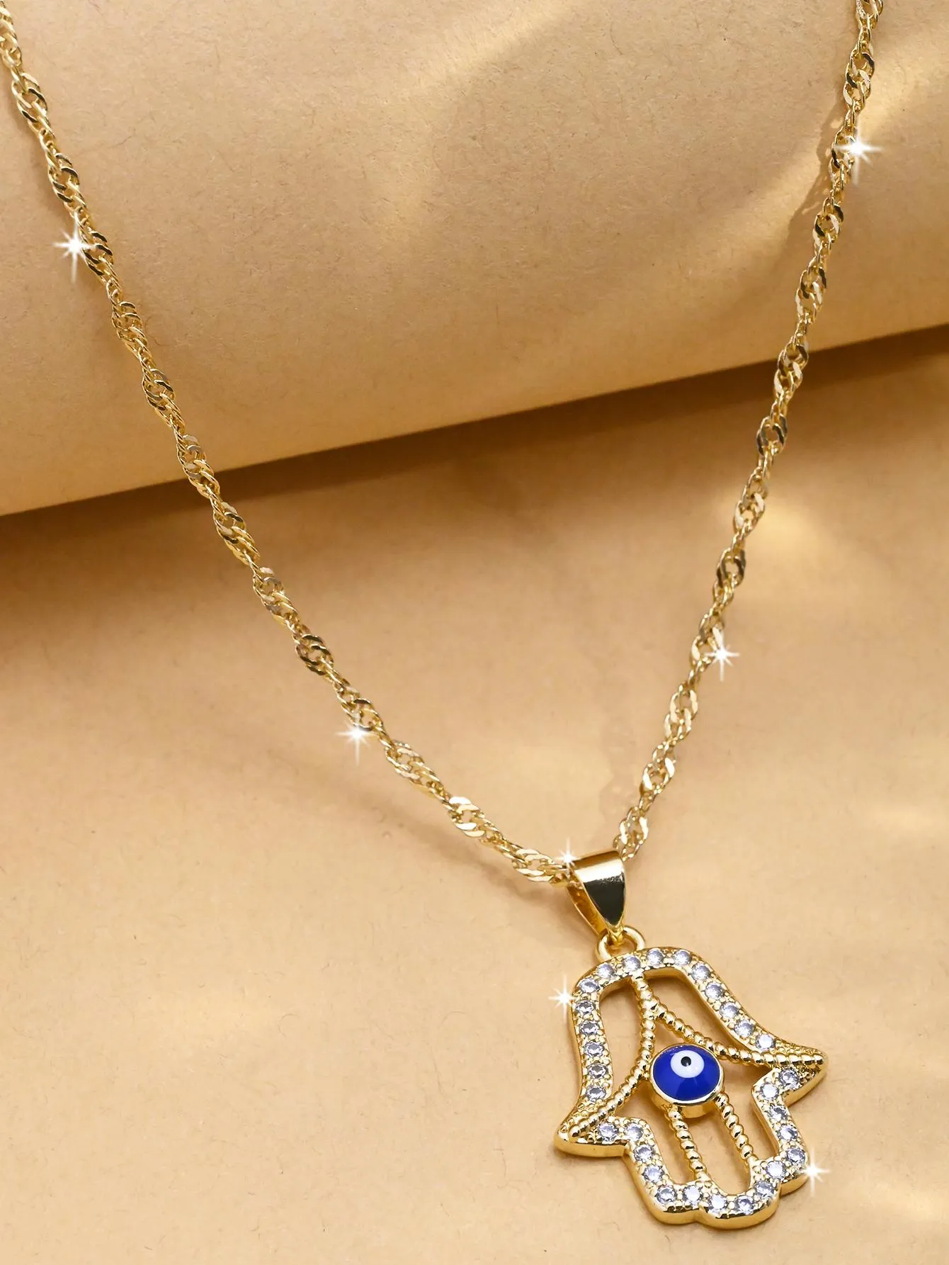 Eye Detail Hamsa Hand Charm Necklace