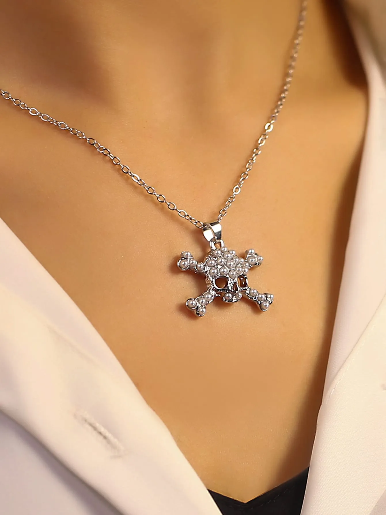 Faux Pearl Skull Charm Necklace Jewelry for Women Gift for Her Necklace