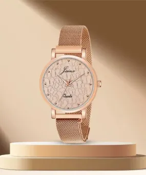 Golden Mesh Chain Analog Wrist Watch For Women - JW8566