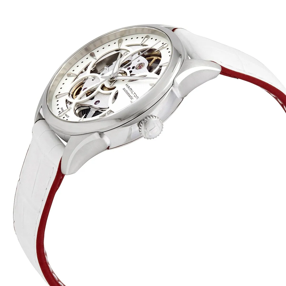 Hamilton JazzMaster White Skeletal Dial White Leather Ladies Watch H32405811