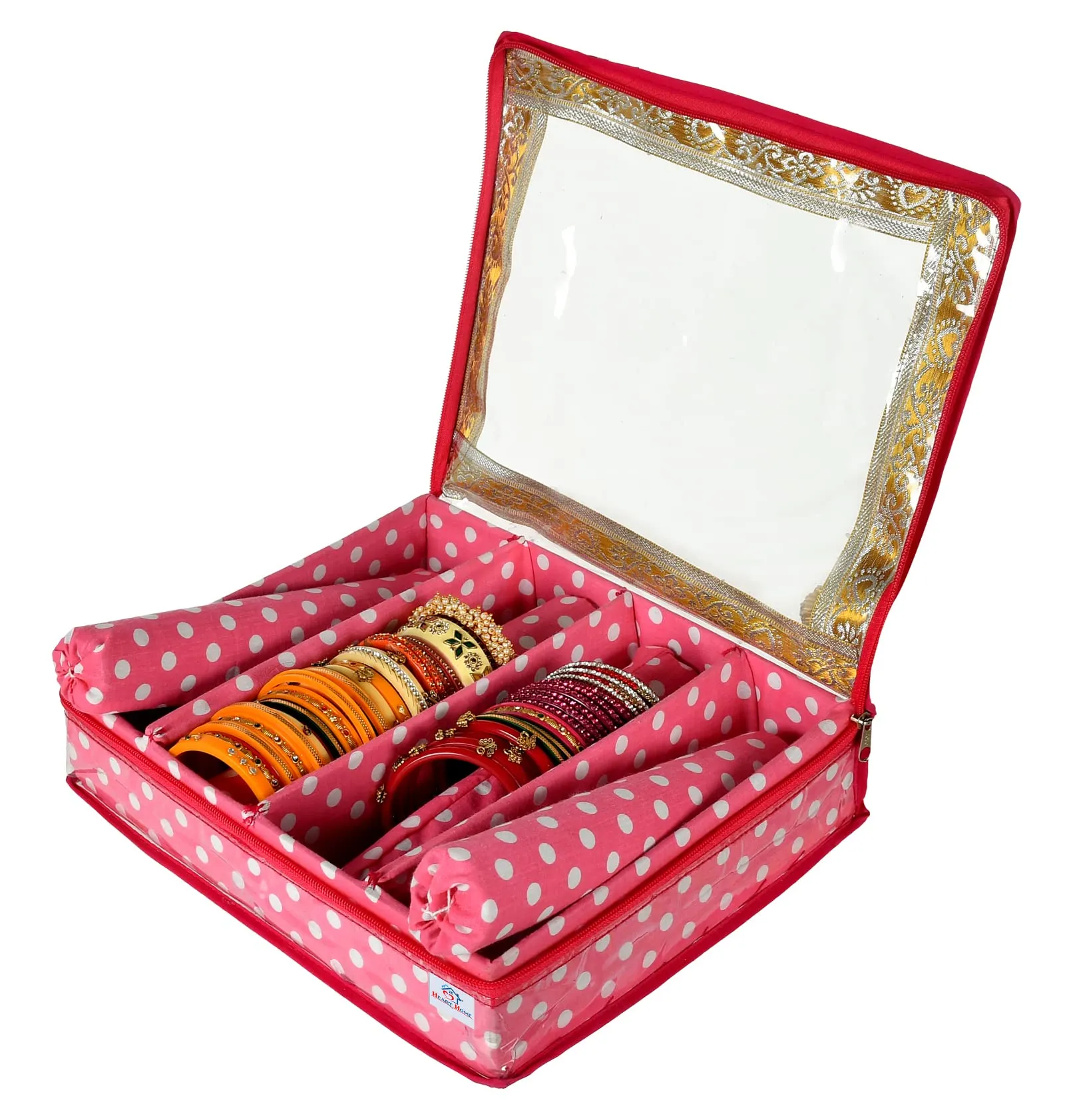 Heart Home Dot Printed Laminated 4 Rod Bangle, Chudi, Watches & Bracelet Box/Organizer With Transparent Top- Pack of 2 (Pink)-HS43HEARTH25543
