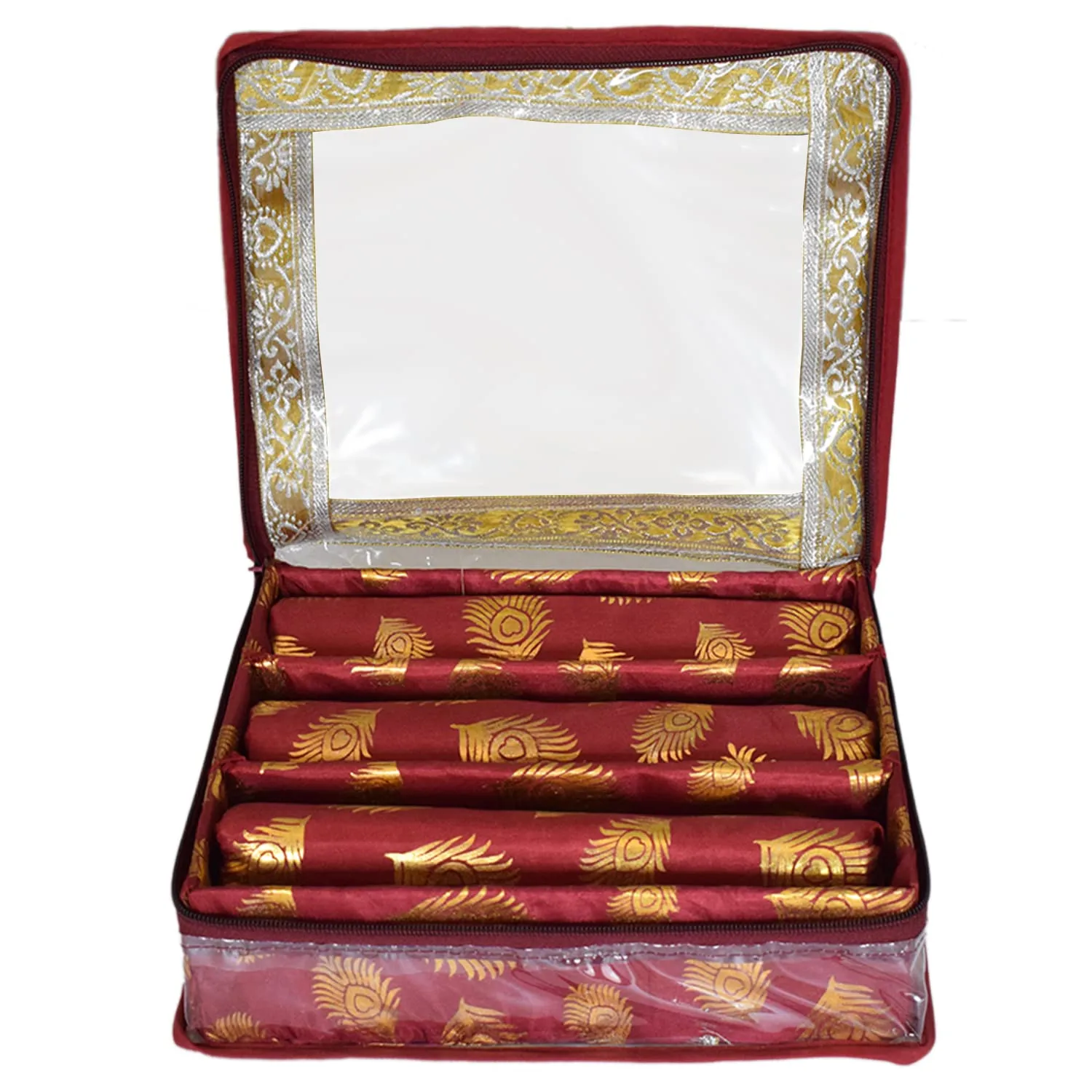 Heart Home Multipurpose Feather Design Laminated 3 Rod Bangle Box/Organizer/Case With Tranasparent Top (Maroon)-47HH0201