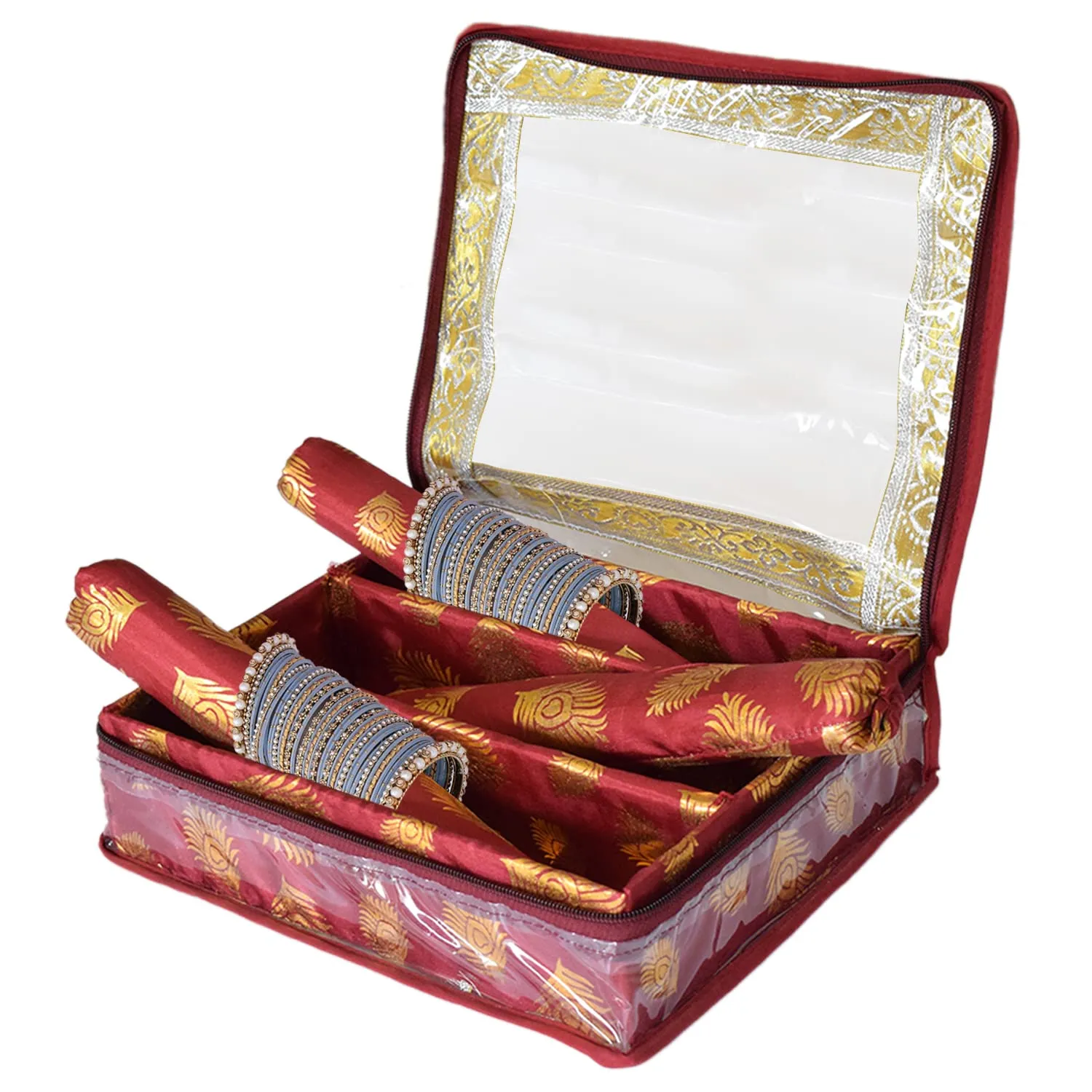 Heart Home Multipurpose Feather Design Laminated 3 Rod Bangle Box/Organizer/Case With Tranasparent Top (Maroon)-47HH0201