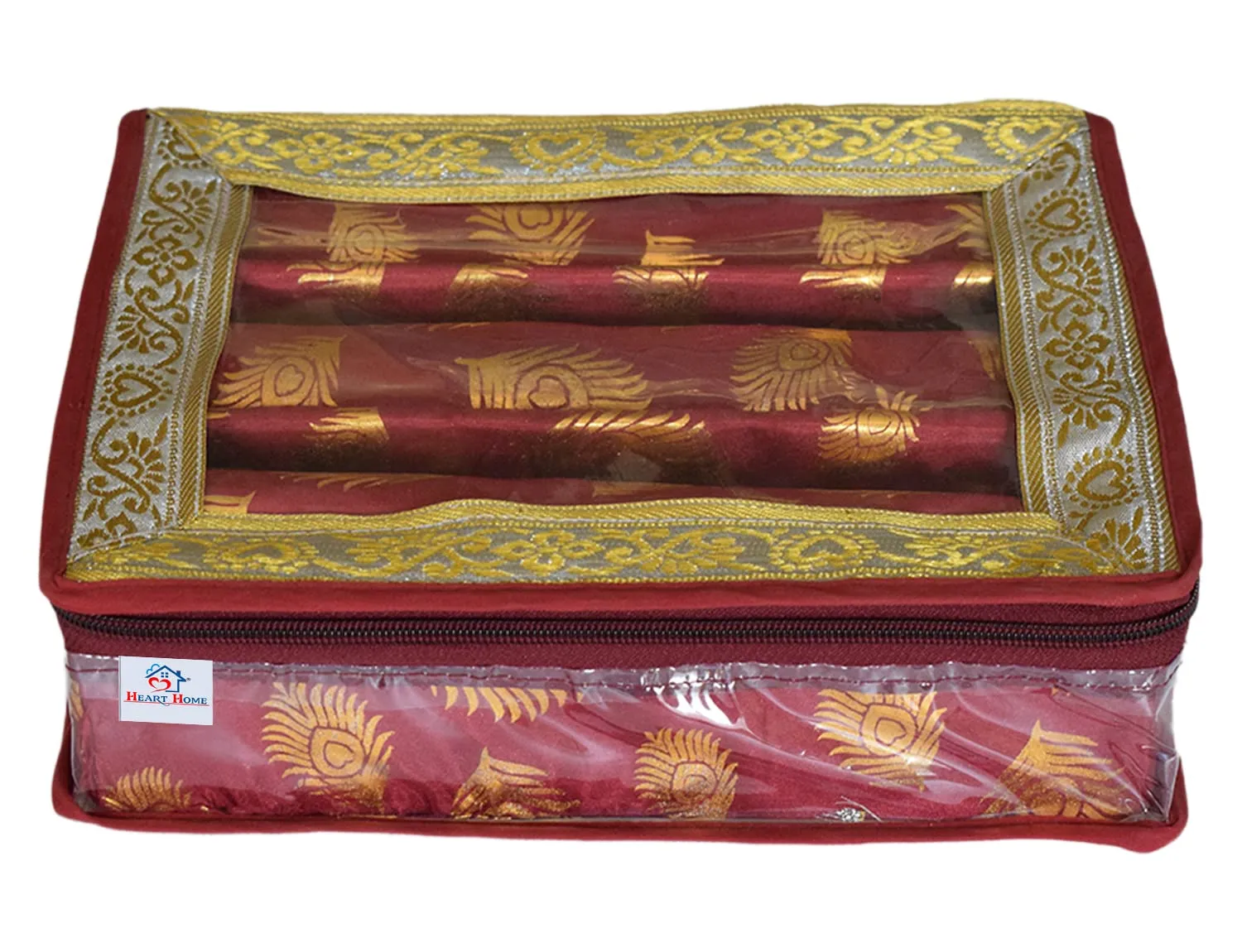 Heart Home Multipurpose Feather Design Laminated 3 Rod Bangle Box/Organizer/Case With Tranasparent Top (Maroon)-47HH0201